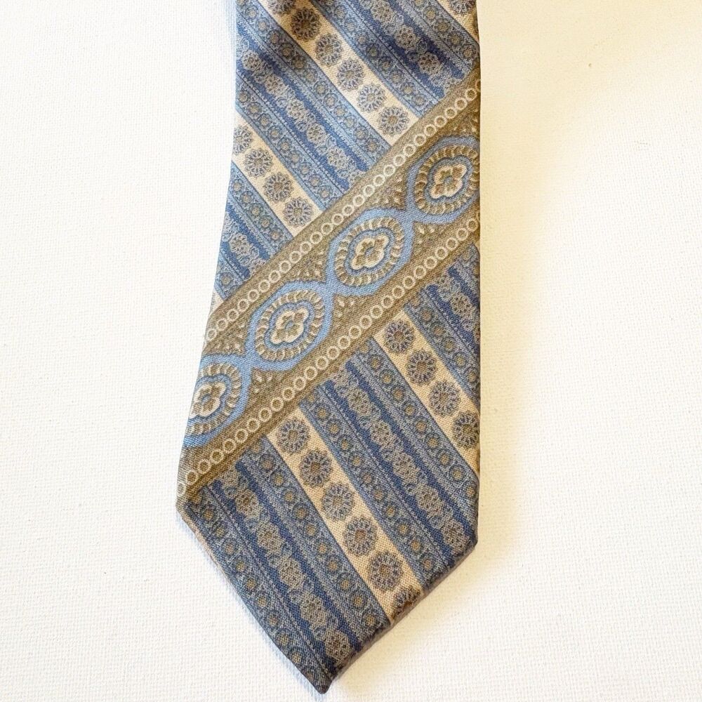 Kelly Younkers Silk Wool Tie Necktie Blue Tan Gold Mens Vintage